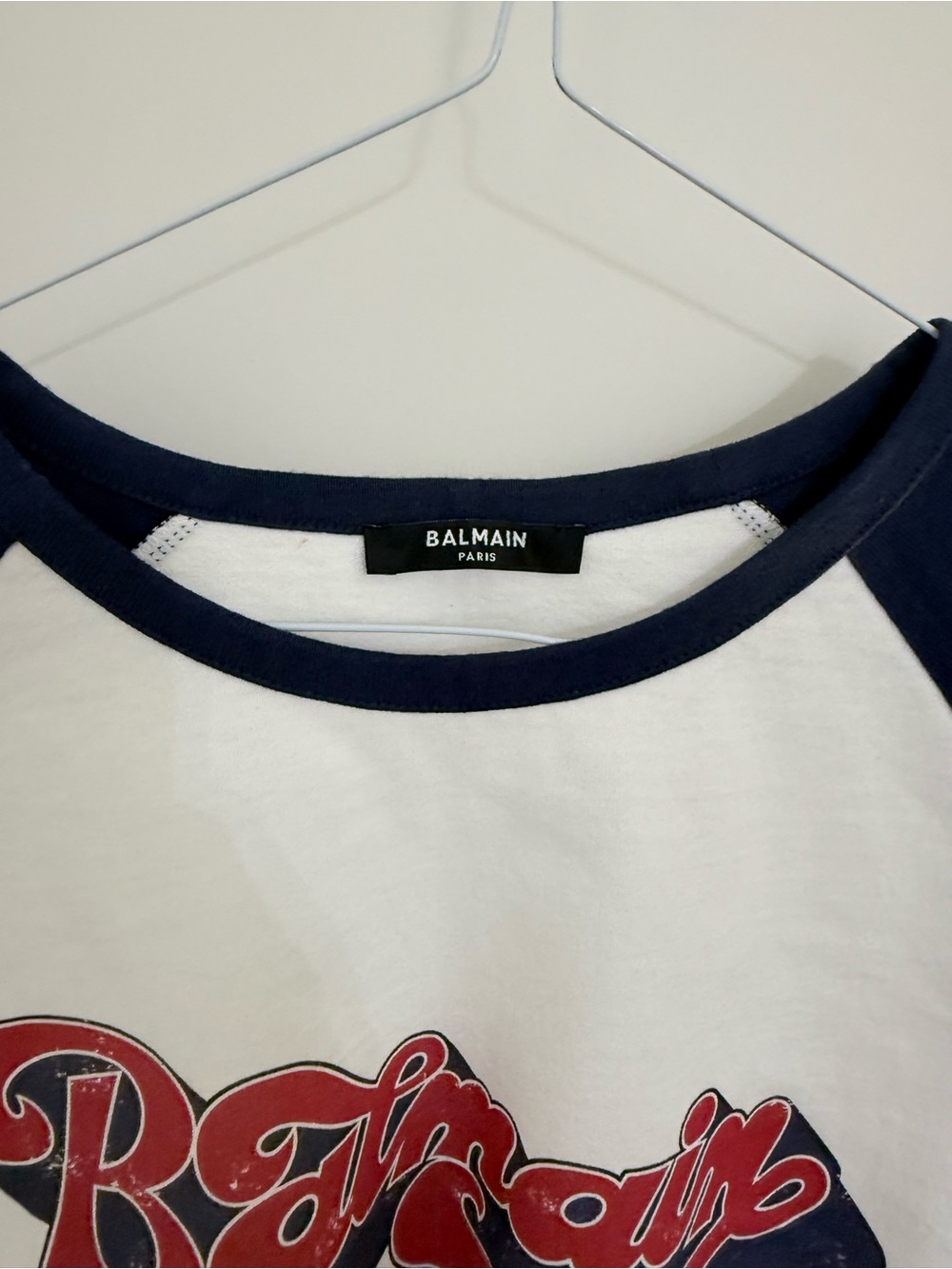 Balmain White and Navy Cropped Raglan Logo Tee - Picture 5 of 8